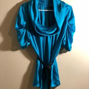 BCBG Mazazria teal blouse with tie waist